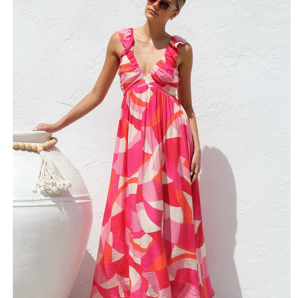 Vibrant Pink and Orange Plunge Sundress for Resort Wear